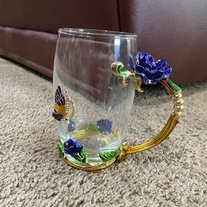 ARC of France Glass Coffee Tea Handled Cup Jeweled Enamel Blue Rose Butterfly